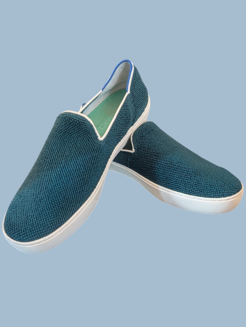 EUC Rothy’s Original Slip On Sneaker Juniper Green Terry Sz W11 W/ Original Box